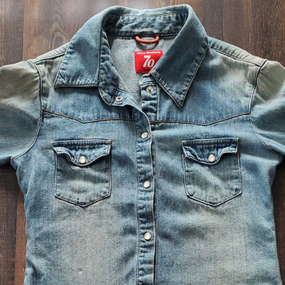 Miss Seventy Western Cut Distressed Denim Button Up Top Size M